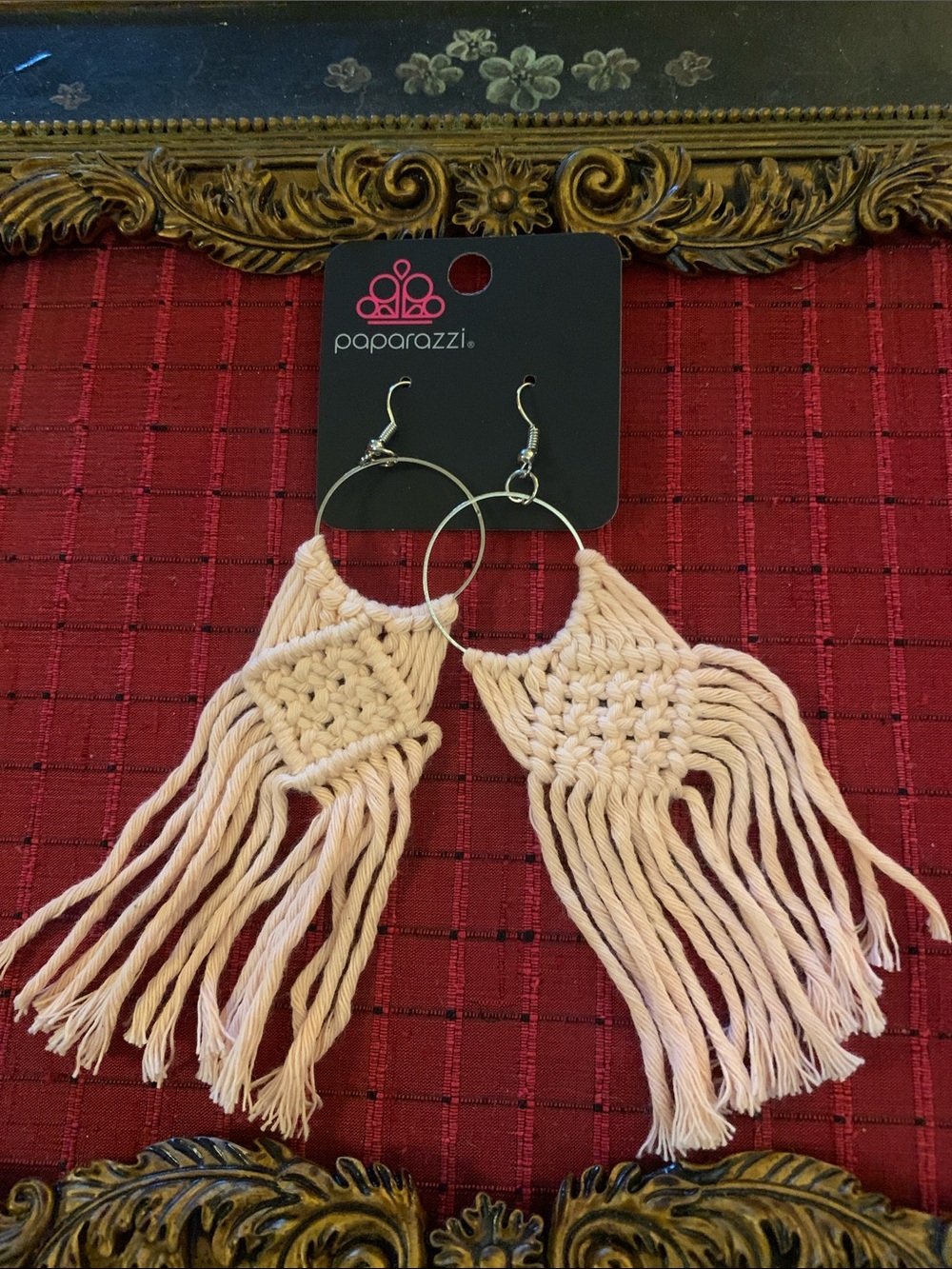 paparazzi Pale Pink Macramé Fringe Hoop Earrings